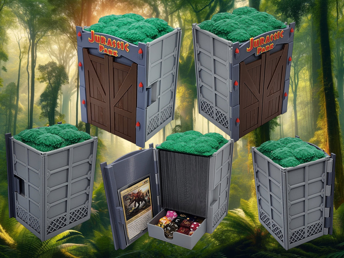 Dinosaur gate deck box shown open with sleeved card storage.