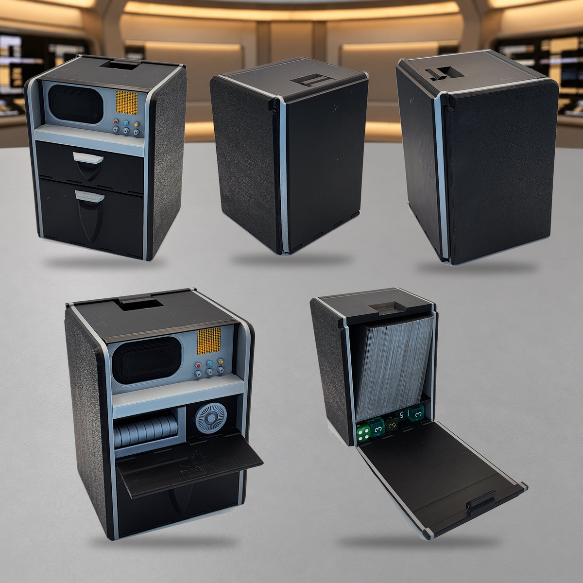 Front, side, back, and open views of the Star Trek Tricorder-inspired deck box