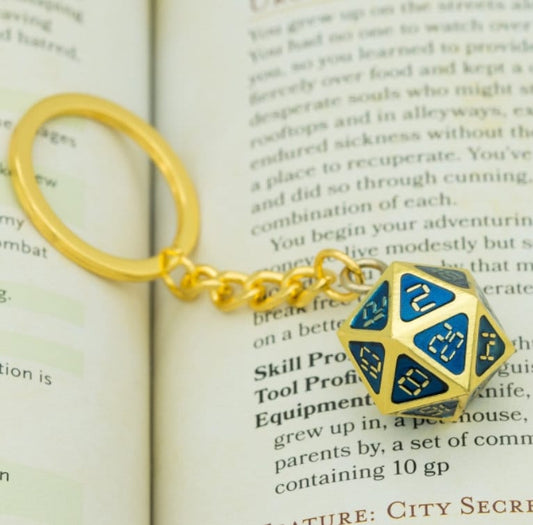 Metal D20 Keychain | Dice Jewelry | Blue and Gold | DND D&D Dungeons and Dragons Dice
