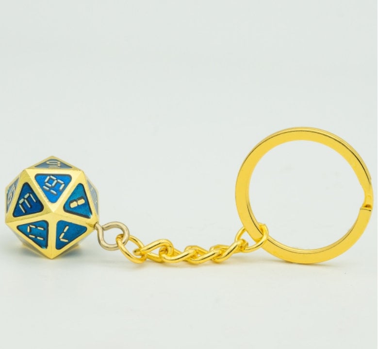 Metal D20 Keychain | Dice Jewelry | Blue and Gold | DND D&D Dungeons and Dragons Dice