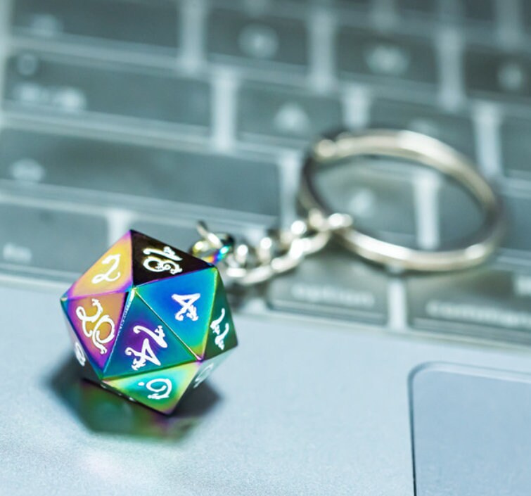 Metal D20 Keychain |  Dice Jewelry | Rainbow | DND D&D Dungeons and Dragons Dice