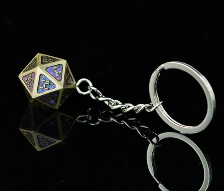 Metal D20 Keychain | Dice Jewelry | Gold Glitter | DND D&D Dungeons and Dragons Dice