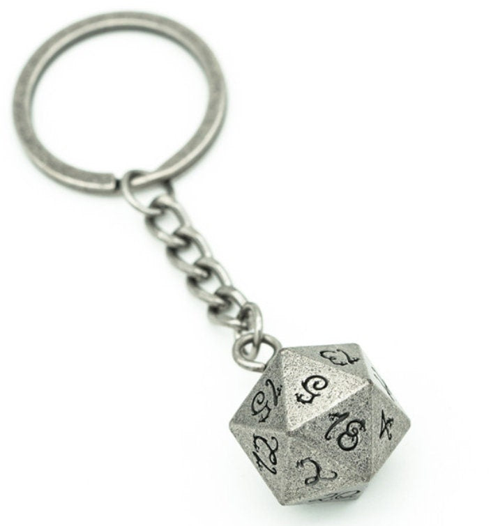 Metal D20 Keychain | Dice Jewelry | Silver | DND D&D Dungeons and Dragons Dice