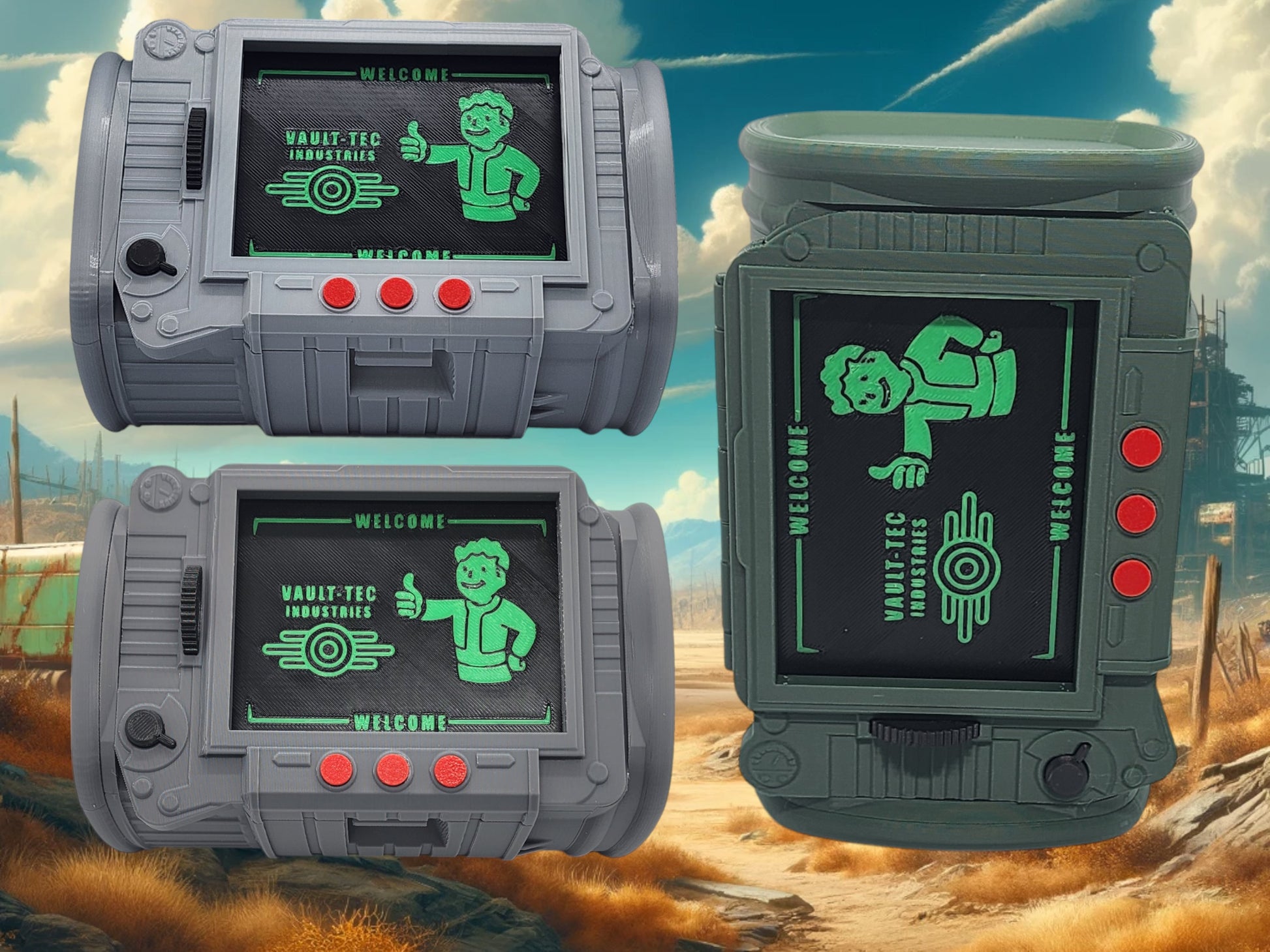 Fallout-inspired TCG deck box shown open with card storage and dice tray.