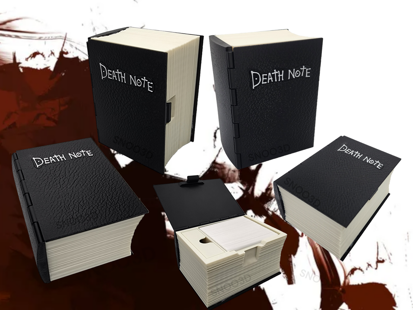 Black book-style deck box for sleeved trading cards with white page details.