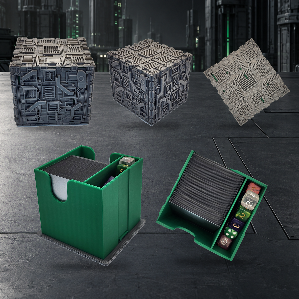 Multiple views of the Borg Cube-style deck box and green insert holding cards and dice