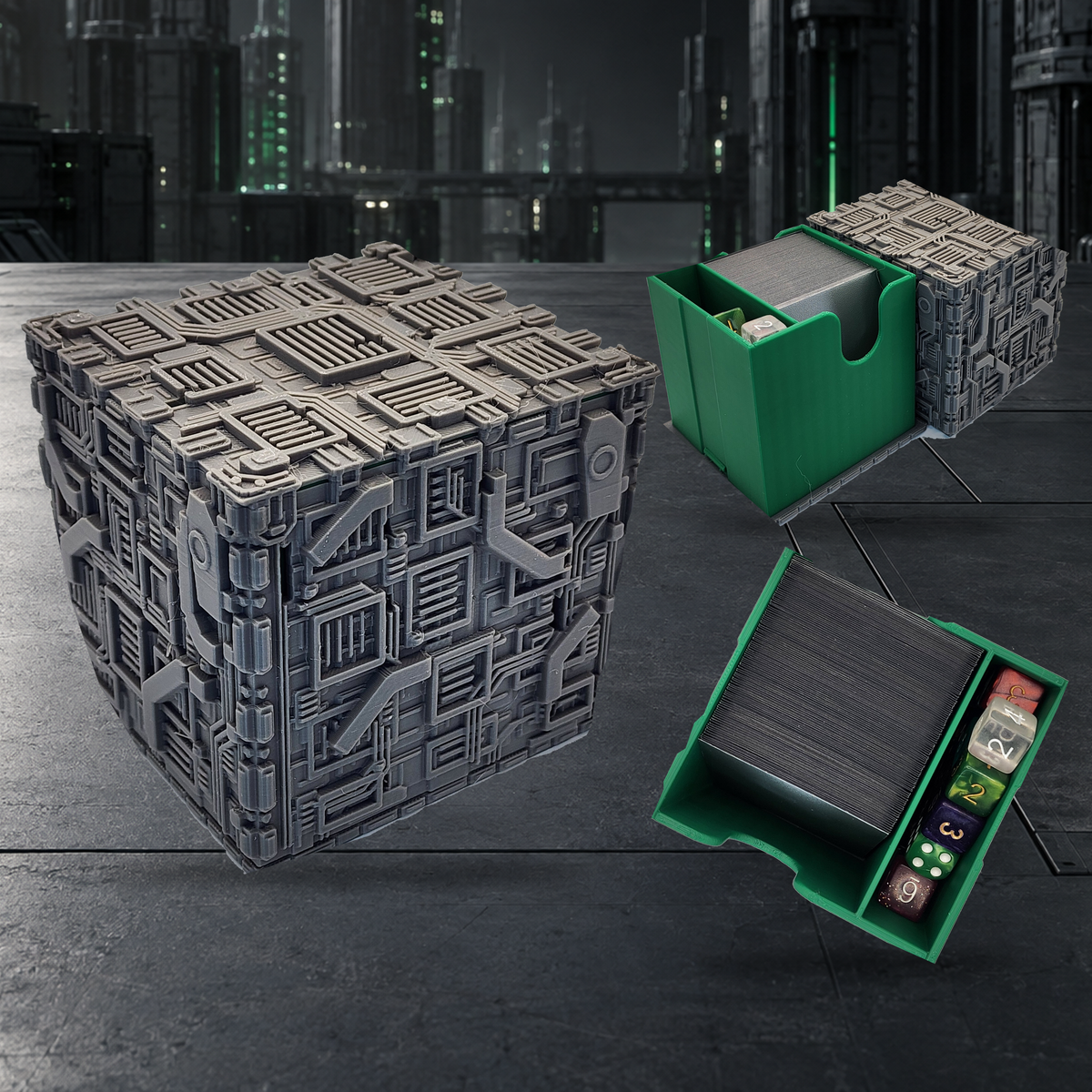 Borg Cube-style deck box with gray exterior and green interior showing card and dice storage
