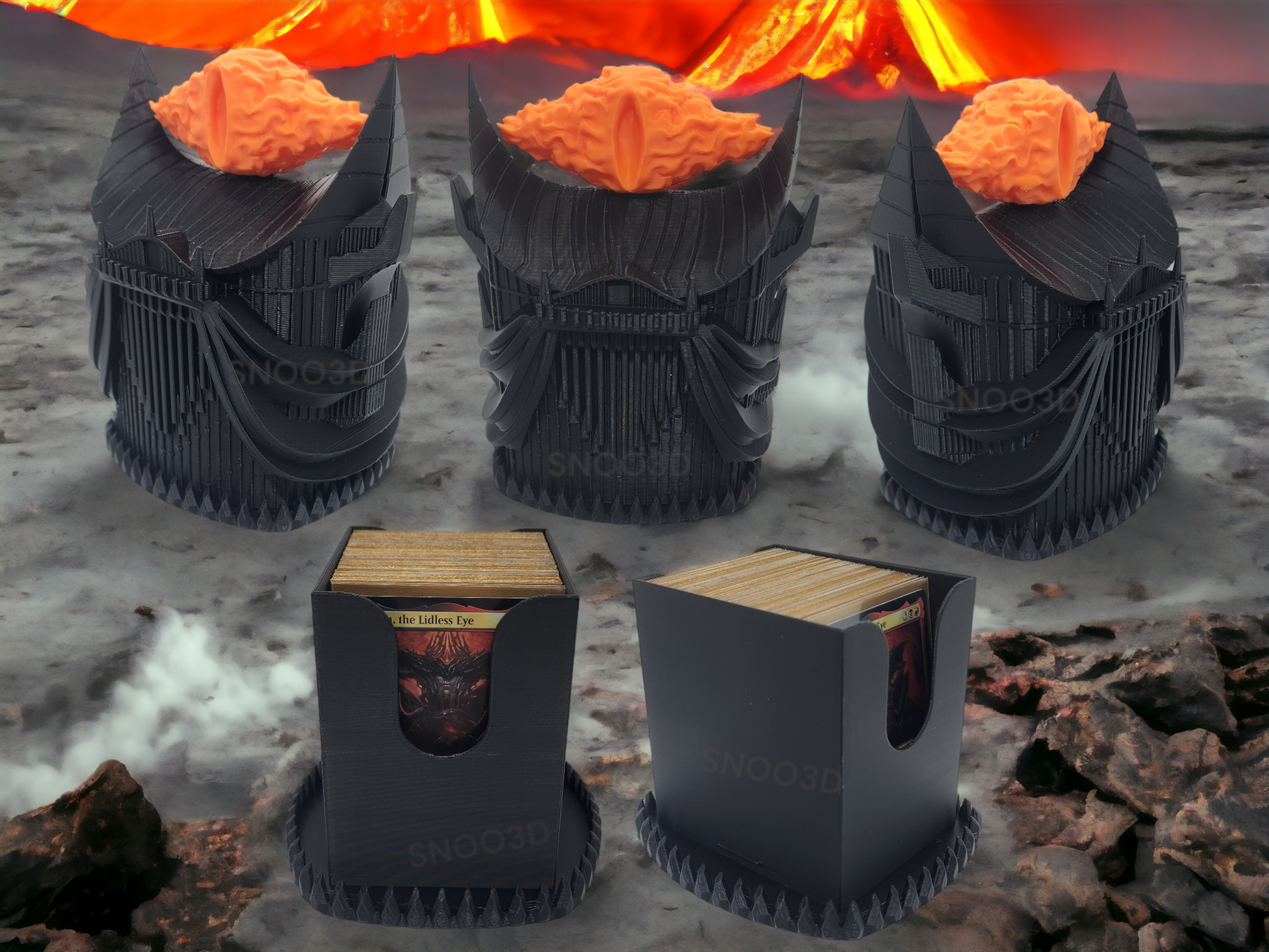 Dark tower TCG deck box with fiery eye detail and black 3D printed tower design.