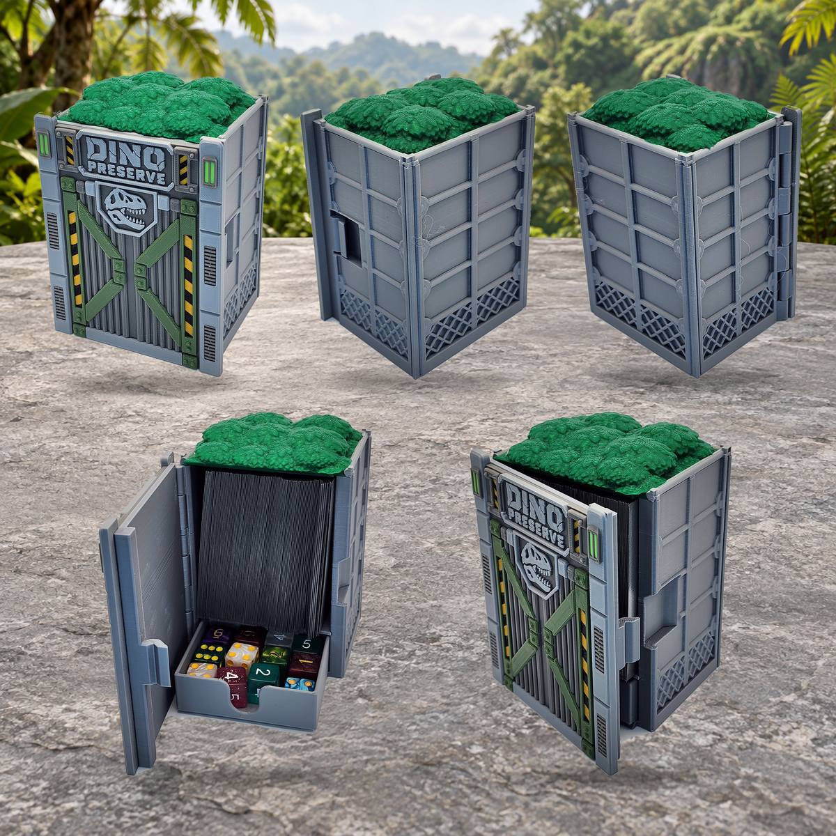 Front, side, back, and open views of the Dino Preserve deck box with dice tray
