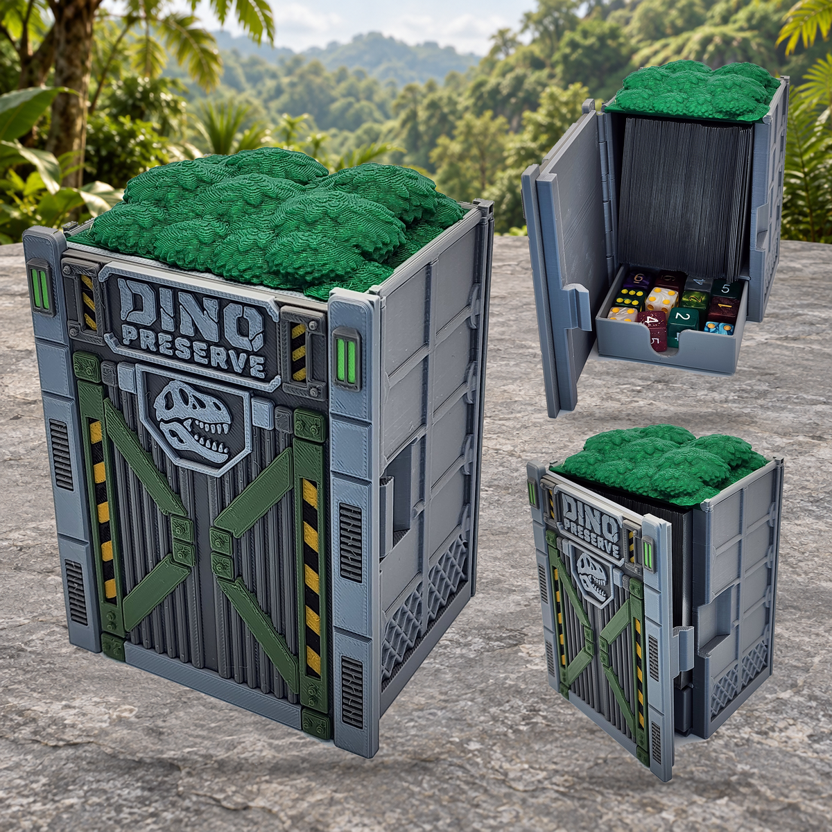 Dino Preserve deck box with dinosaur gate design and green canopy, shown open with cards and dice tray
