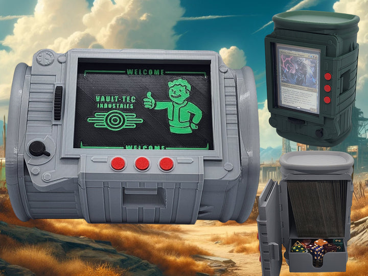 Fallout-inspired pip-boy deck box for Commander and sleeved TCG cards, primary product image.