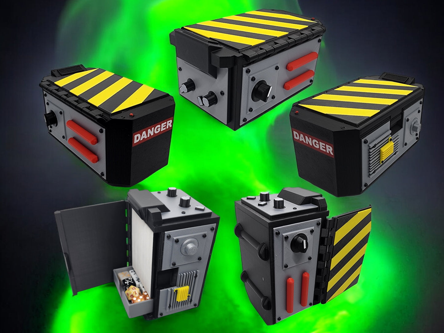 Horror-inspired ghost trap deck box with black and yellow hazard stripe design.