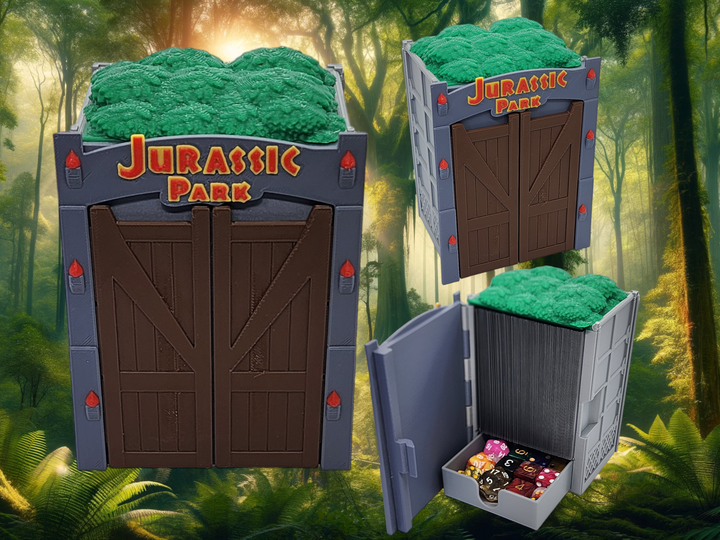 Jurassic park-inspired gate deck box for Commander and sleeved TCG cards, primary product image.