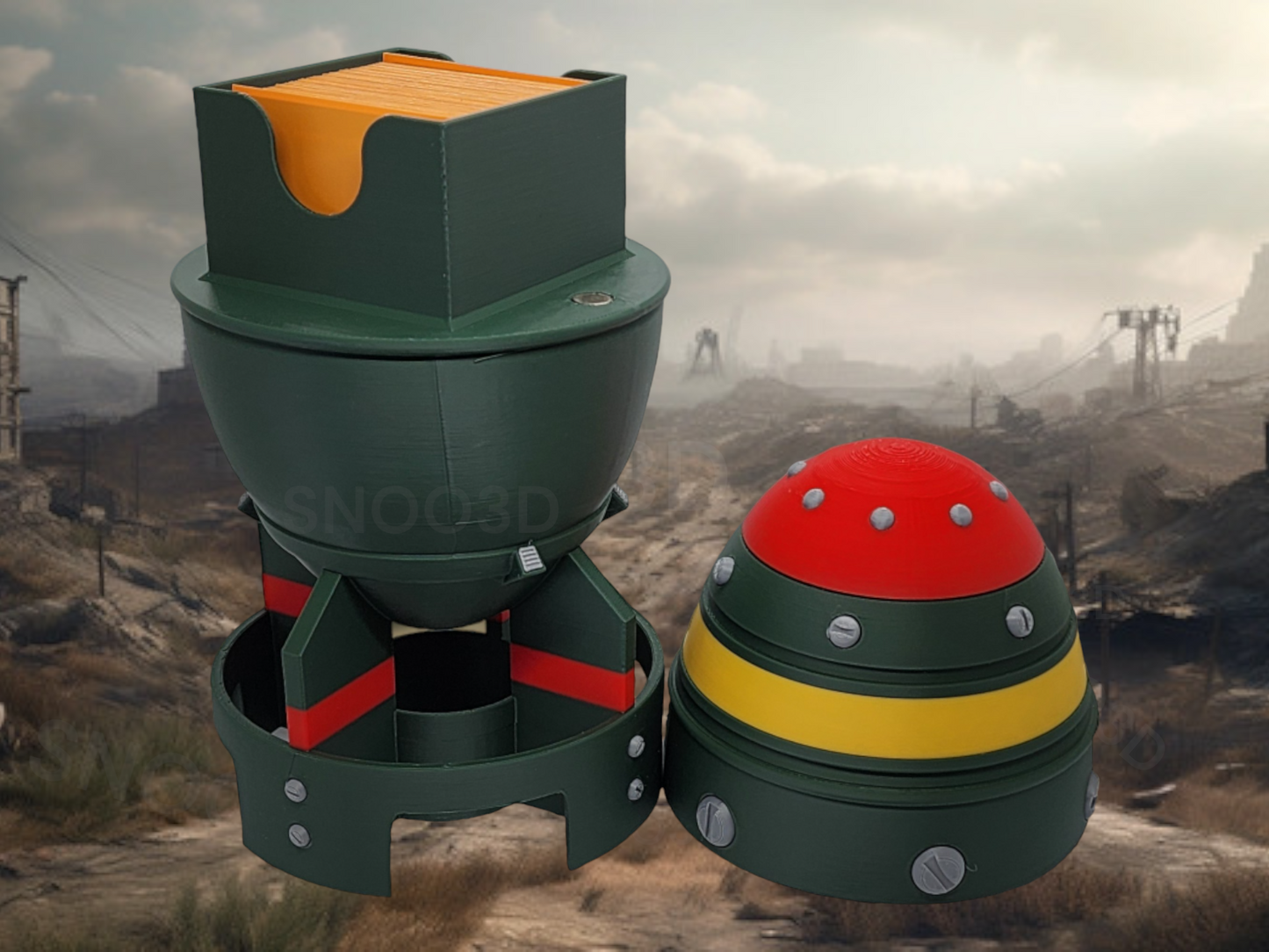 Post-apocalyptic mini nuke deck box shown with removable card storage insert.