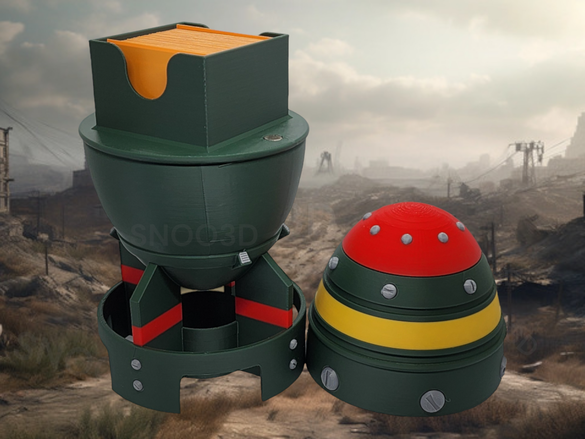 Post-apocalyptic mini nuke deck box shown with removable card storage insert.