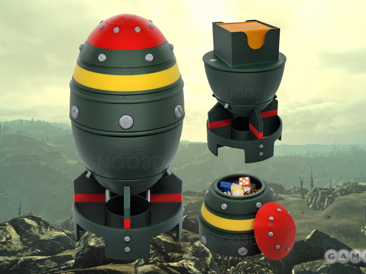 Fallout-inspired mini nuke deck box for Commander and sleeved TCG cards, primary product image.