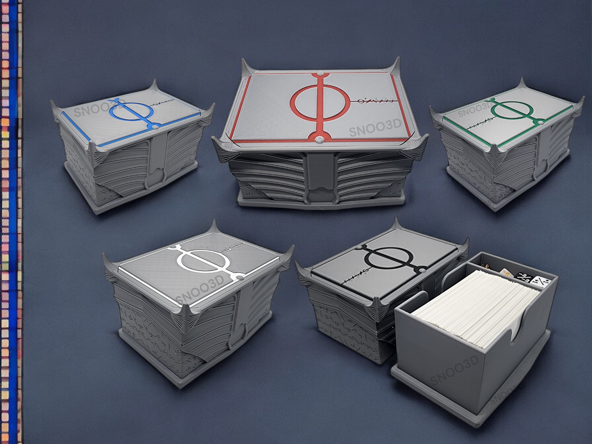 Altar-style TCG deck box with dice storage compartment and sleeved card storage.
