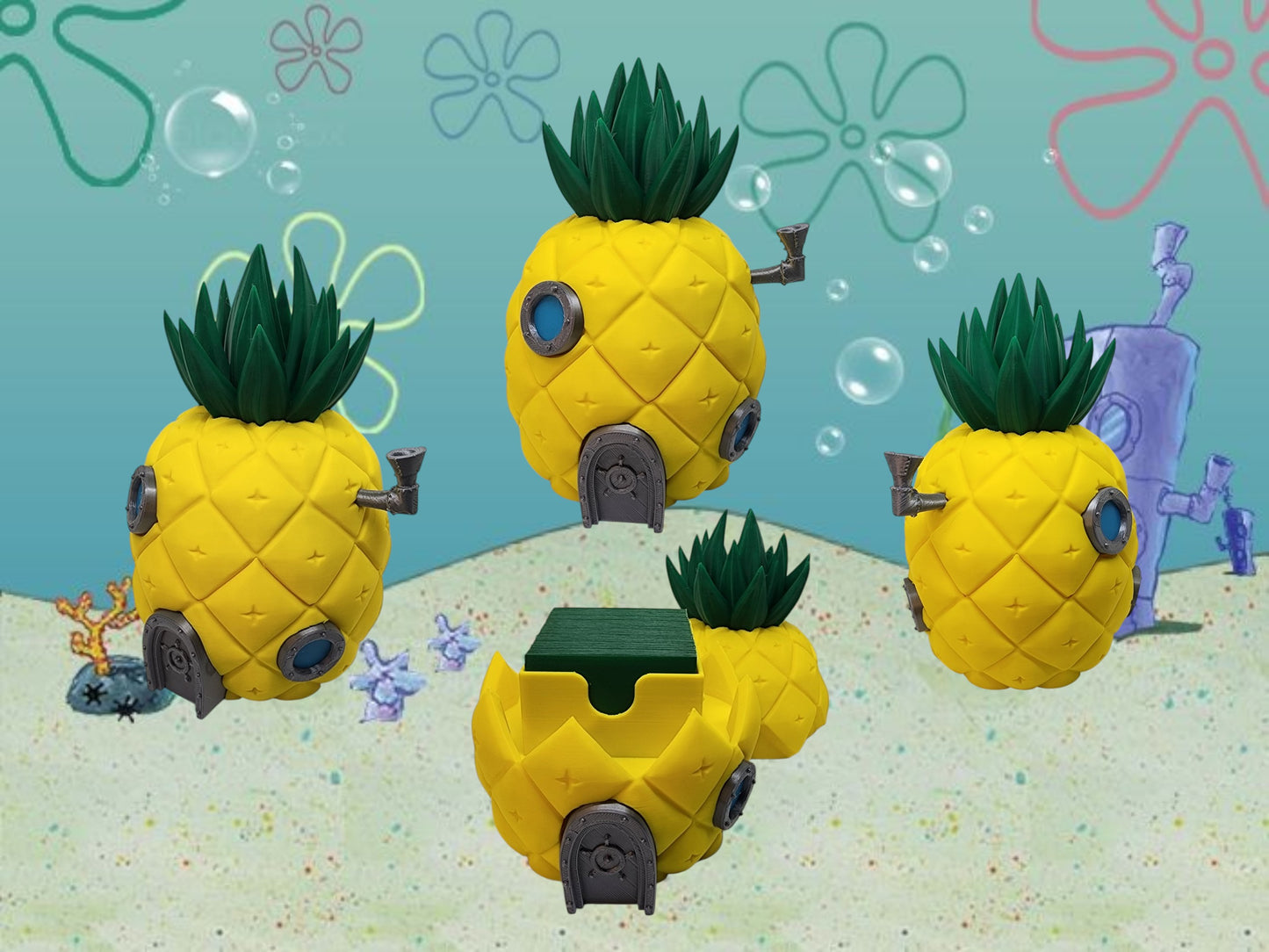 Tropical pineapple deck box with latch closure and dice handle for Commander decks.