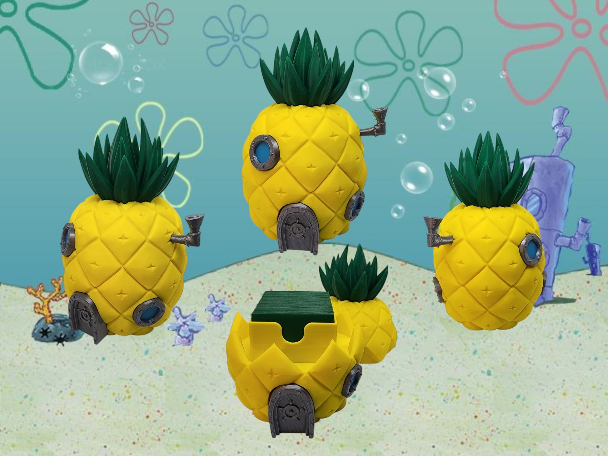 Tropical pineapple deck box with latch closure and dice handle for Commander decks.