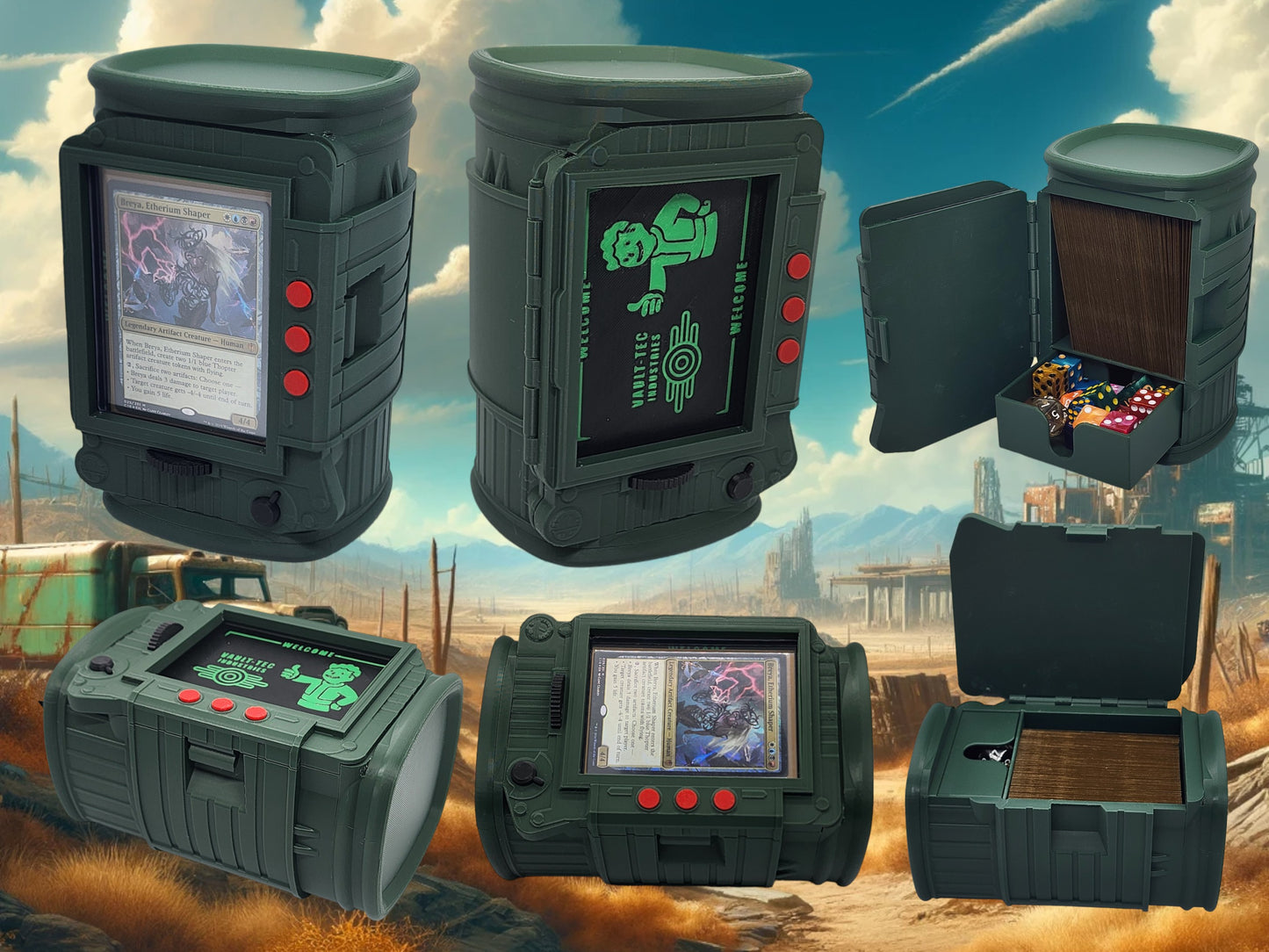 Pip-Boy-style deck box with card display window for a favorite sleeved card.