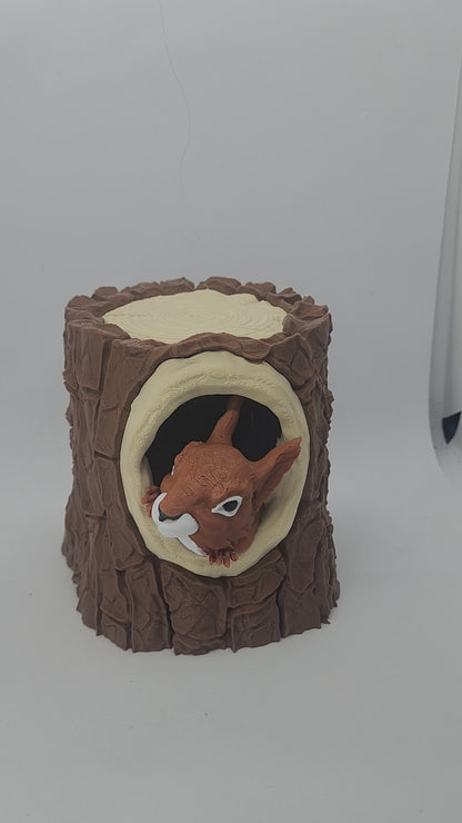 Squirrel tree hollow TCG deck box shown with removable sleeved card storage insert.