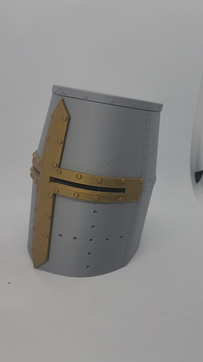 Knight helmet TCG deck box with dice storage compartment for tabletop gaming.