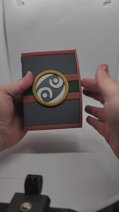 Tamiyo’s Journal-inspired TCG deck box with dice storage compartment.