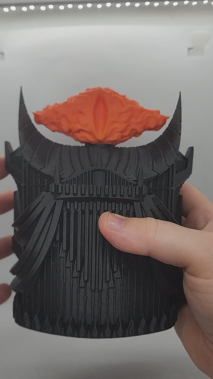 Eye of Sauron-inspired deck box shown with removable card storage insert.
