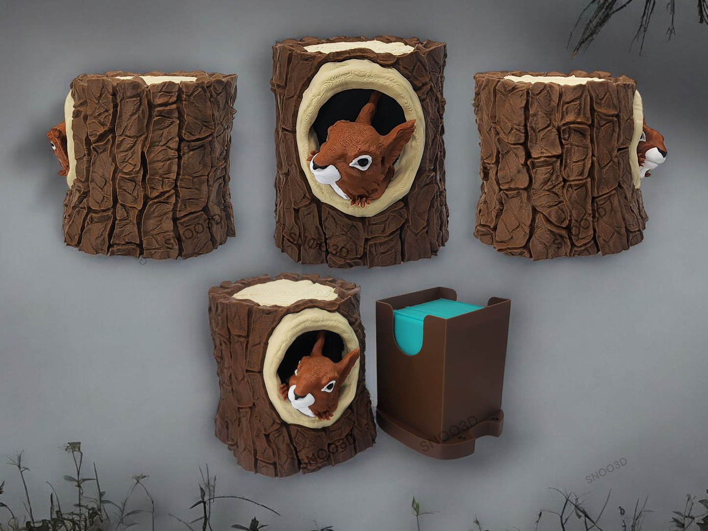 Forest-themed squirrel deck box with textured tree bark detail, side view.