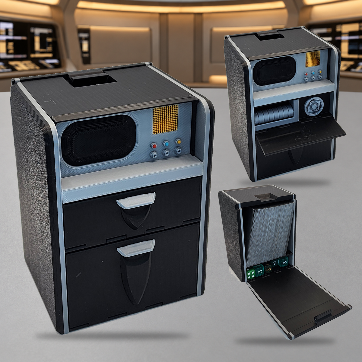 Star Trek Tricorder-inspired deck box with black and gray panels, shown closed and open with cards and dice