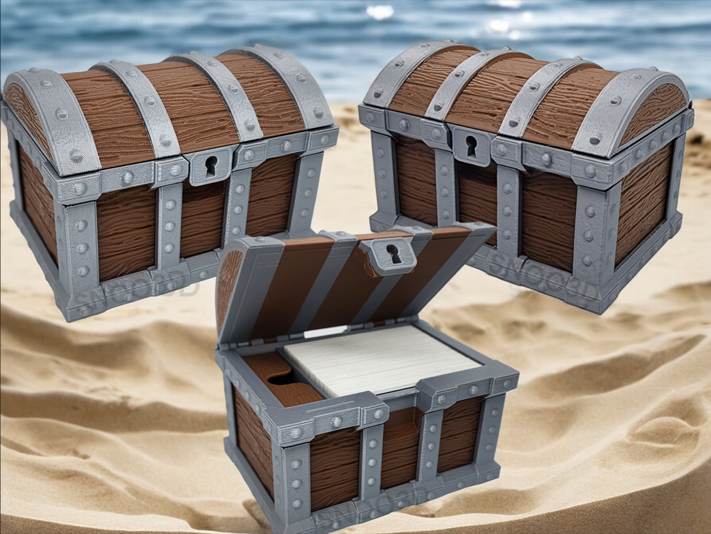 Treasure chest deck box shown open with sleeved card storage.