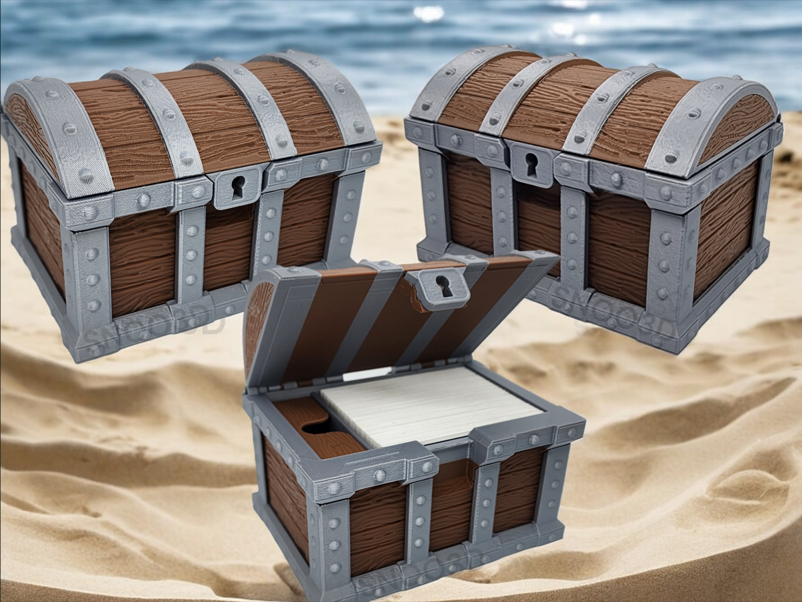 Treasure chest deck box shown open with sleeved card storage.