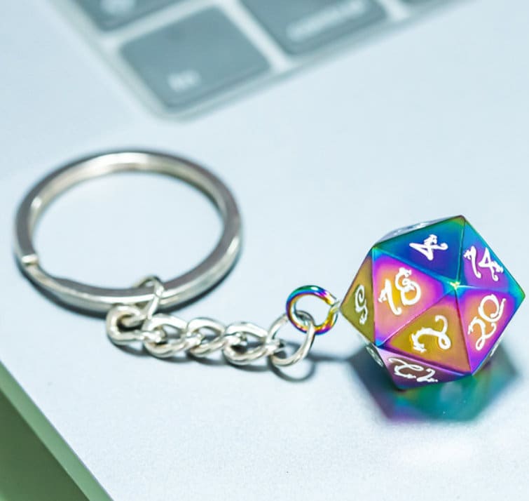 Metal D20 Keychain |  Dice Jewelry | Rainbow | DND D&D Dungeons and Dragons Dice