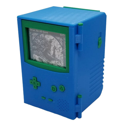 Additional view of the retro handheld game deck box with dice tray for Commander and sleeved TCG cards, image 4.