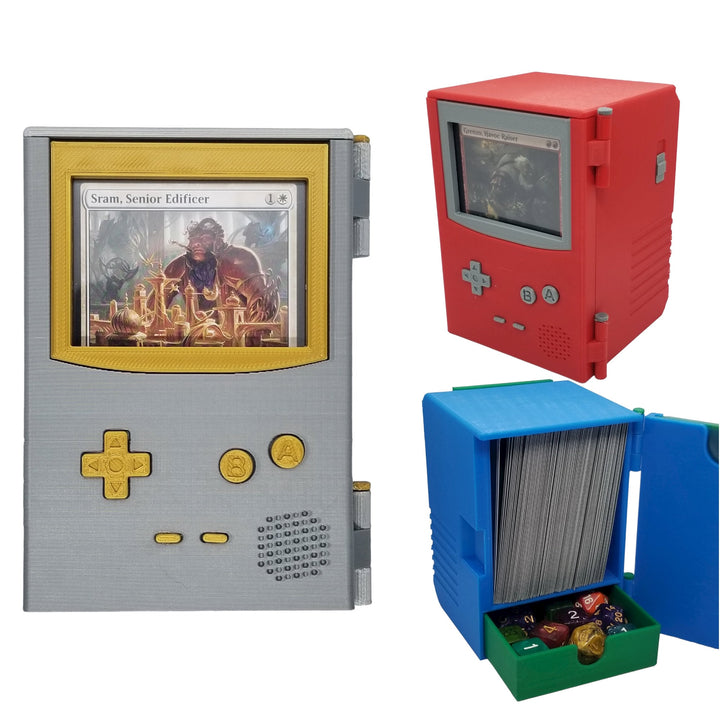 Retro handheld game deck box with dice tray for Commander and sleeved TCG cards, primary product image.