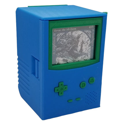 Additional view of the retro handheld game deck box with dice tray for Commander and sleeved TCG cards, image 3.
